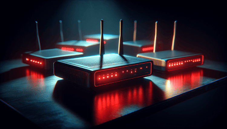 Consumer network routers illuminated by red warning lights in dark environment