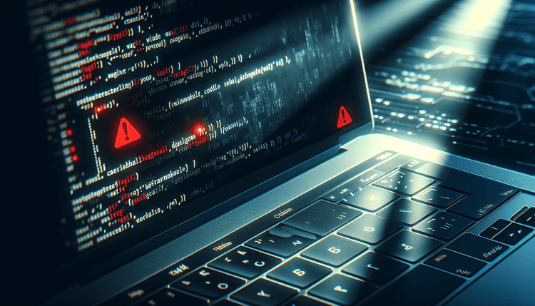 MacBook screen showing Script Editor application with warning indicators and malicious code visible