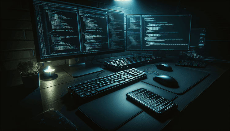 Developer workstation with code on monitors and suspicious messages on smartphone
