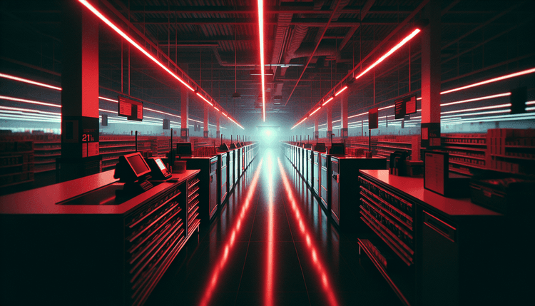 Dark retail store interior with red emergency lighting and empty checkout counters