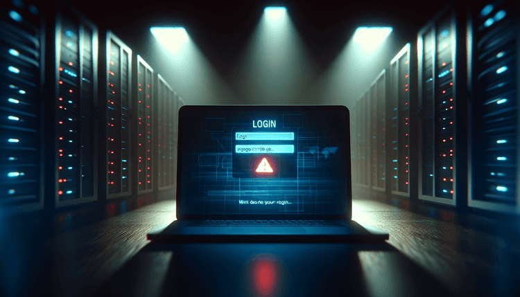 Laptop displaying suspicious login page with warning indicators in dark lighting