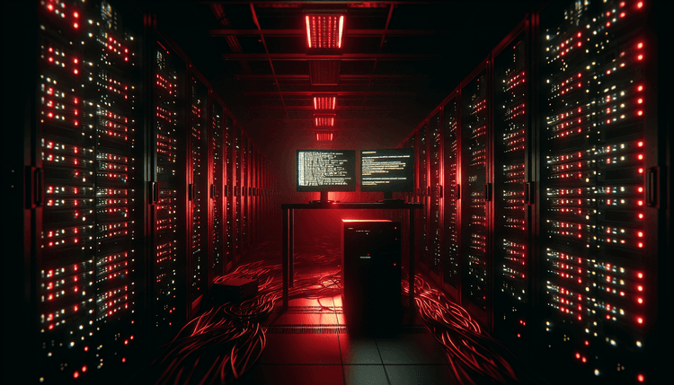 Dark server room with red emergency lighting and glowing computer terminal