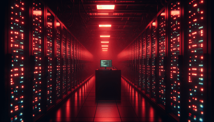 Dark server room with red emergency lighting and glowing computer terminal