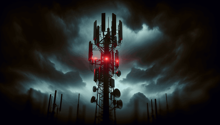 Dark cellular tower with red warning lights against stormy sky