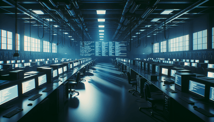 Empty university computer lab with error messages on screens during system outage