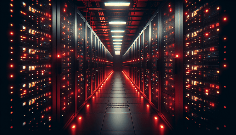 Dark server room with red warning lights illuminating computer equipment