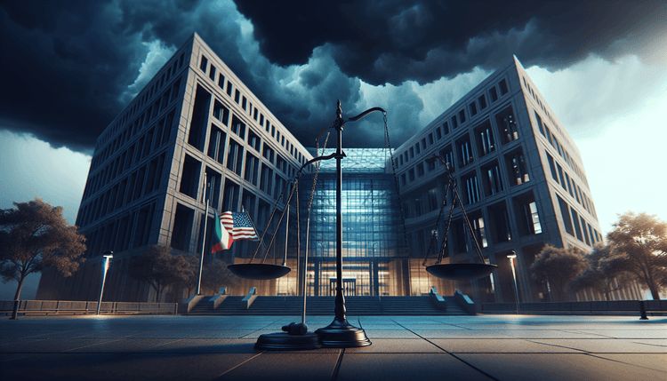 Federal courthouse with dramatic lighting and international flags representing extradition proceedings