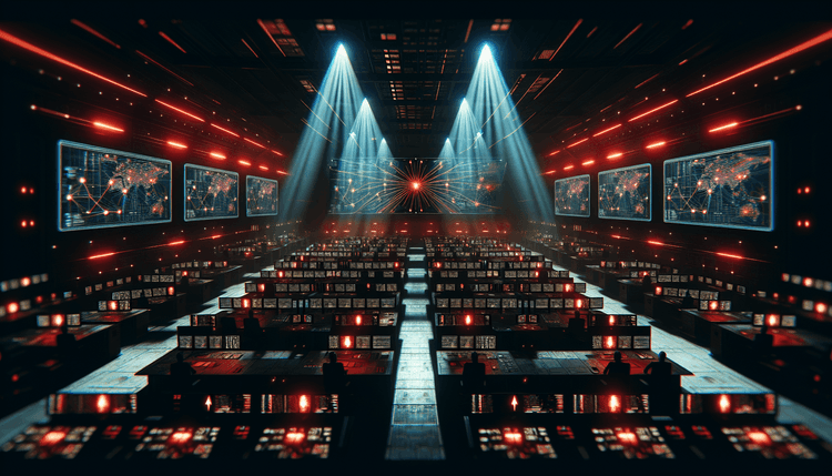 Dark military command center with security alerts on multiple monitors