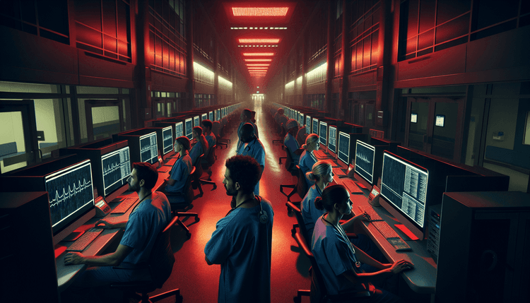 Hospital corridor with offline computer terminals and concerned medical staff during system outage