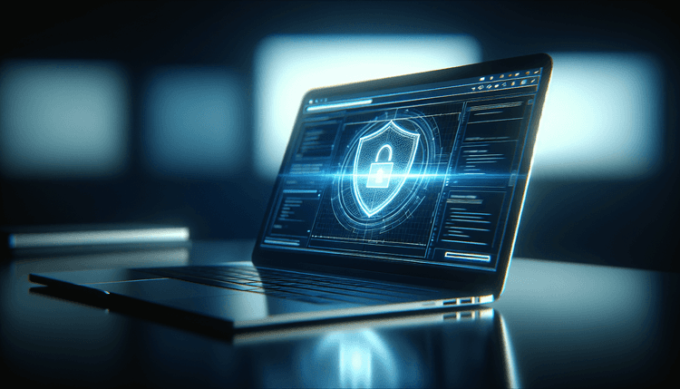 Laptop screen showing Chrome browser with security features highlighted in blue lighting