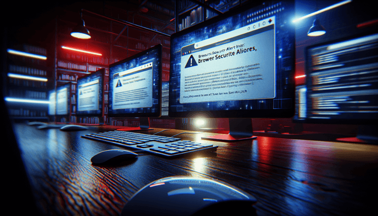 Computer monitors showing browser security warnings in darkly lit office setting