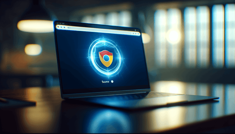 Laptop screen showing Chrome browser with security update notification and shield icon