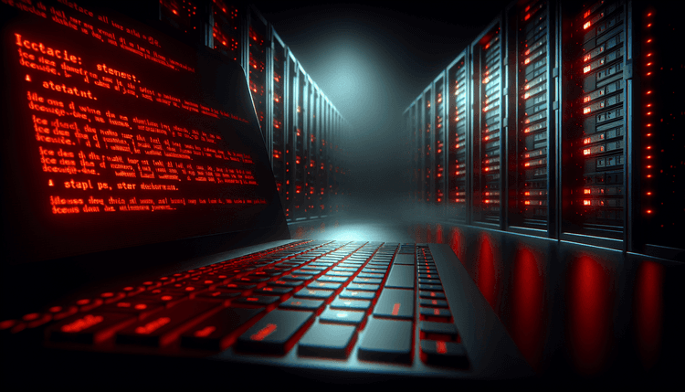 Computer terminal showing security warning messages in dark server room environment