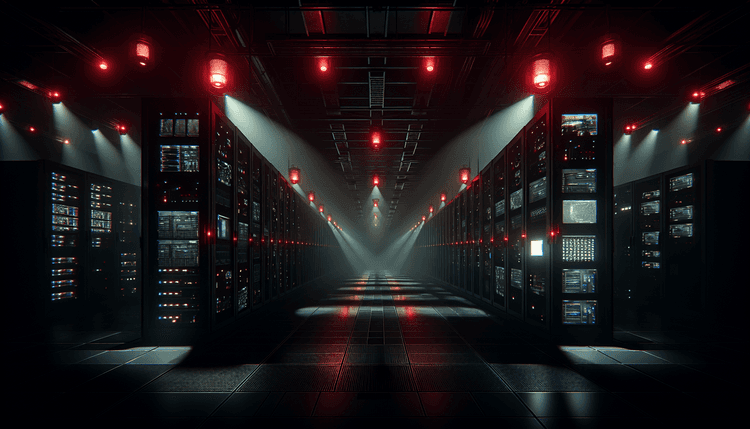 Dark server room with red warning lights and industrial control panels