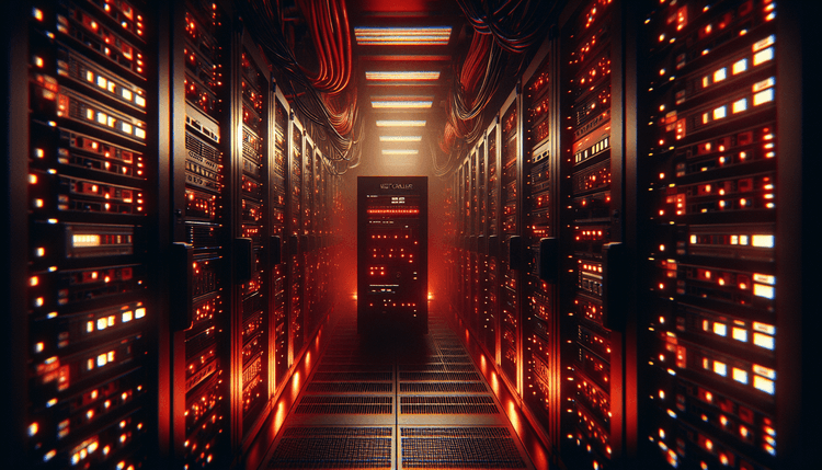 Server room with network equipment under emergency lighting and warning indicators