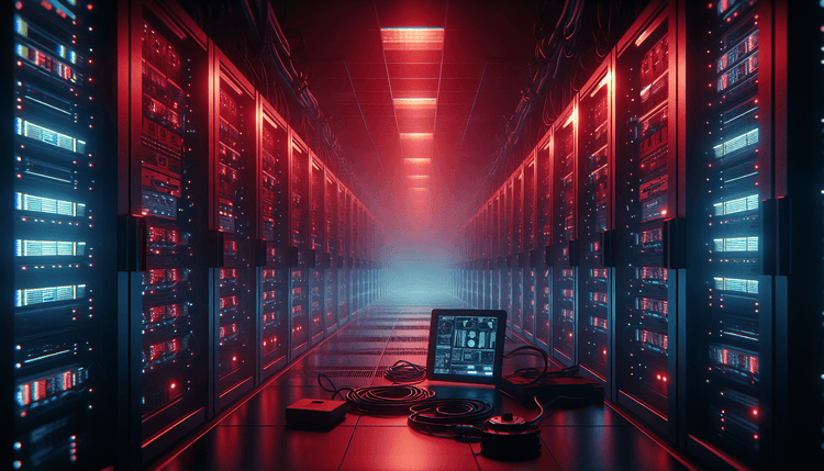 Server room with emergency lighting and mobile device monitoring setup