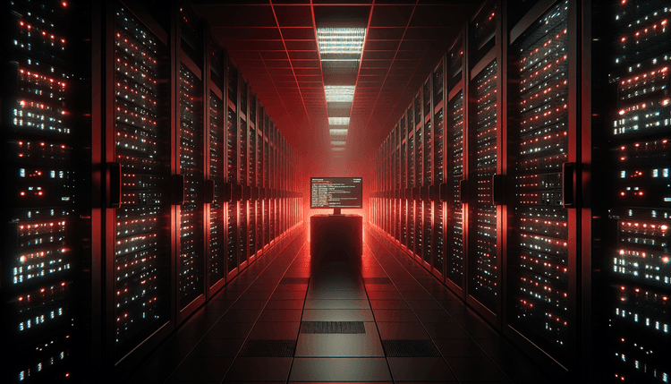 Dark server room with emergency lighting and network monitoring displays