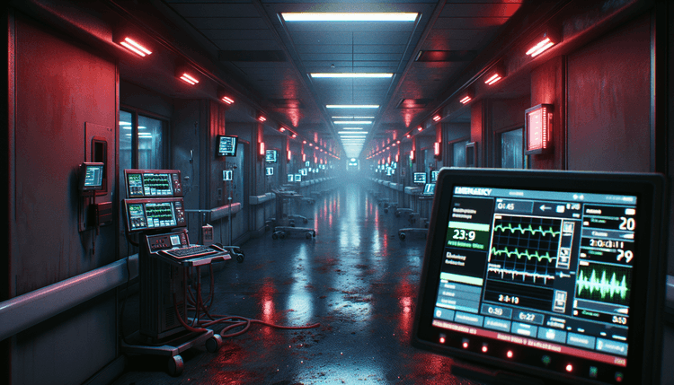 Hospital corridor with medical equipment showing system errors under emergency lighting