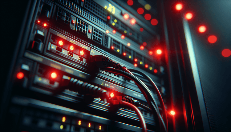 Server rack with red warning lights in dark data center environment