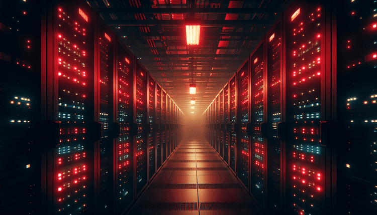 Server room with red emergency lighting and network equipment status lights