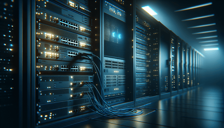 Network operations center with Cisco networking equipment and blue status lights