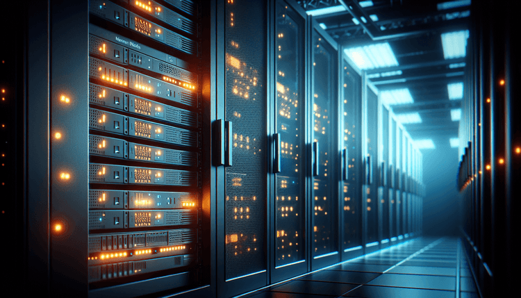 Server rack with warning lights in dark data center environment
