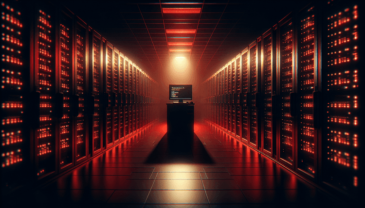 Server room with red emergency lighting and glowing computer terminal displaying login interface