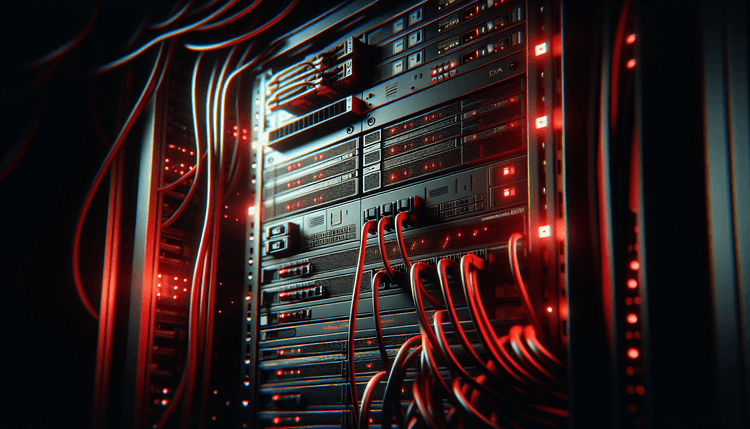 Server rack with red emergency lighting and network cables in dramatic shadows