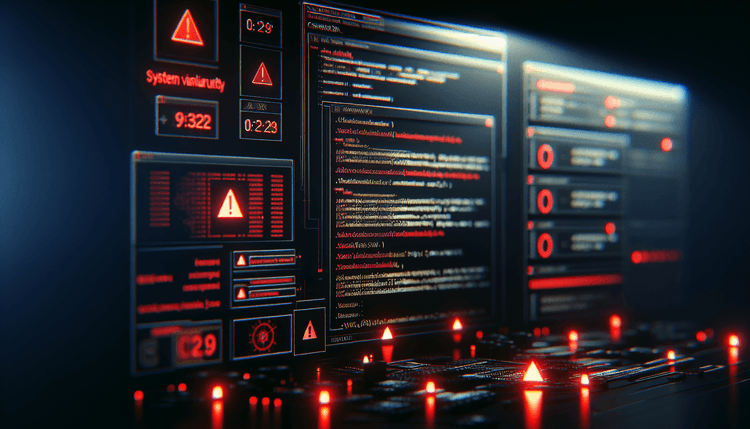 Computer screen showing code with red security warning indicators in dark environment