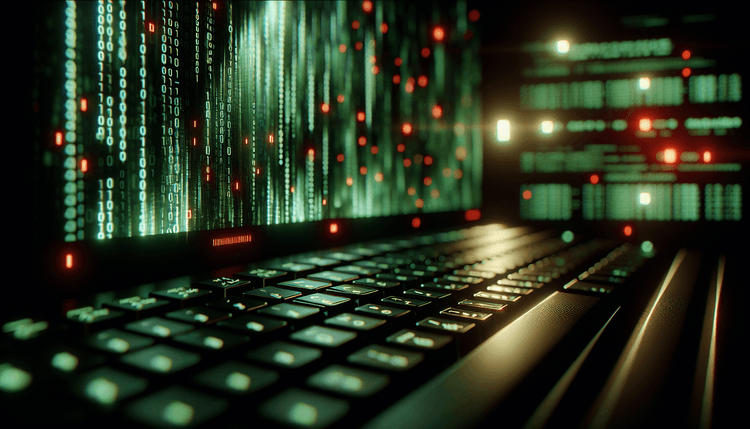Computer screen showing code with security warning indicators in dark environment