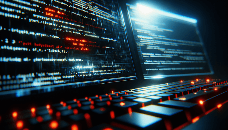 Computer terminal showing security alerts and code on dark screen