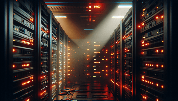Dark data center with server racks illuminated by red warning lights