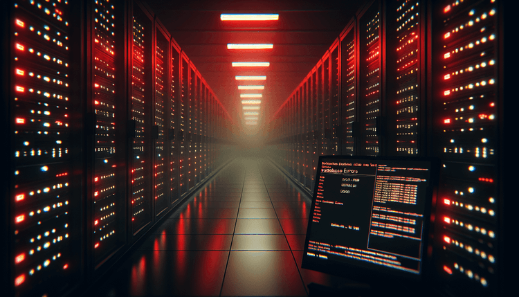 Server room with red emergency lighting and database error messages on monitor screen