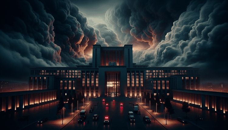European government building with emergency lighting and storm clouds overhead