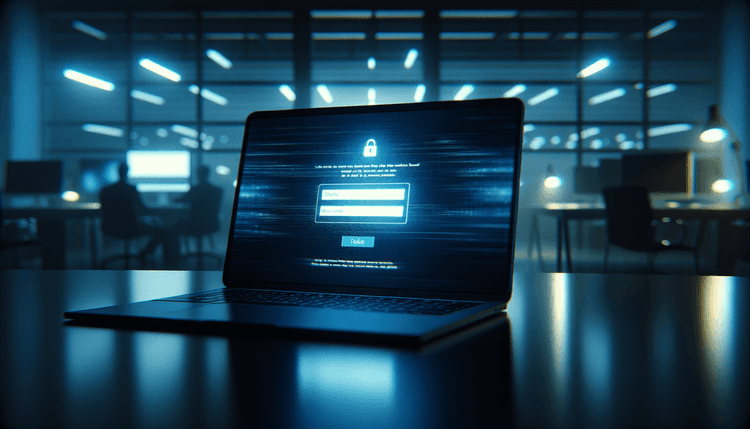Laptop screen showing fake Microsoft login page in dark office setting