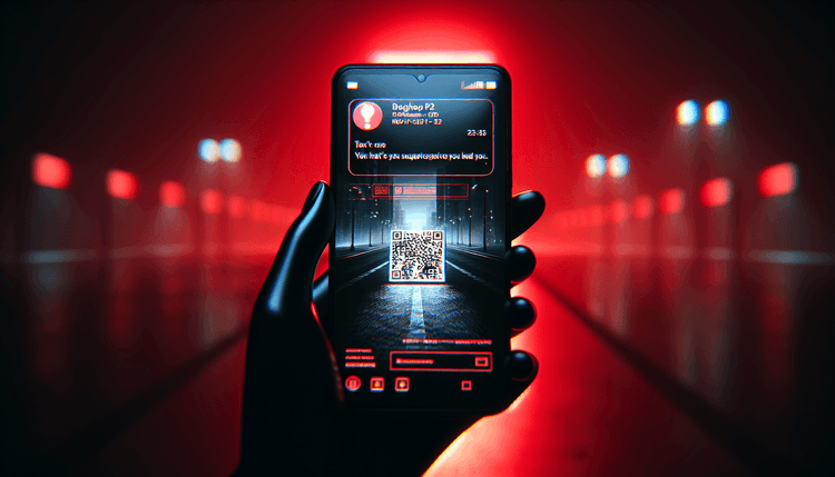 Smartphone displaying suspicious text message with QR code under red warning lighting