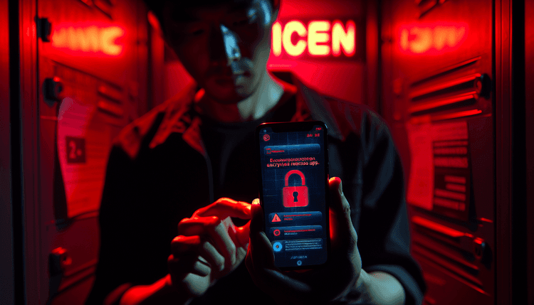 Smartphone showing messaging apps under red warning lighting with dark shadows