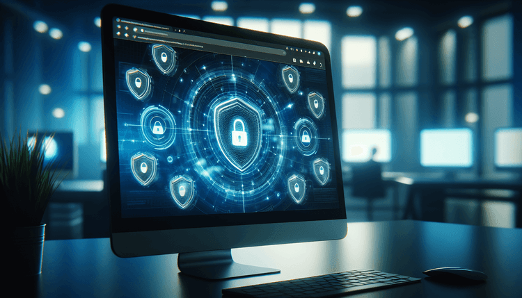 Computer screen showing Firefox browser with security update notification and shield protection icons