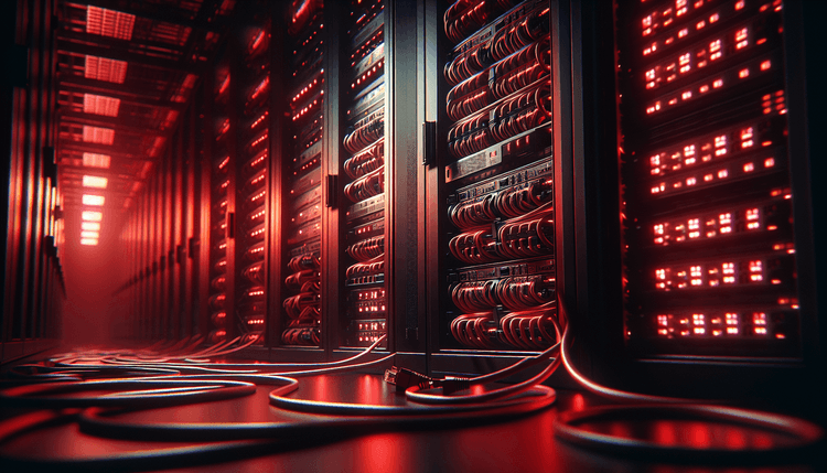 Server racks illuminated by red emergency lighting in dark data center