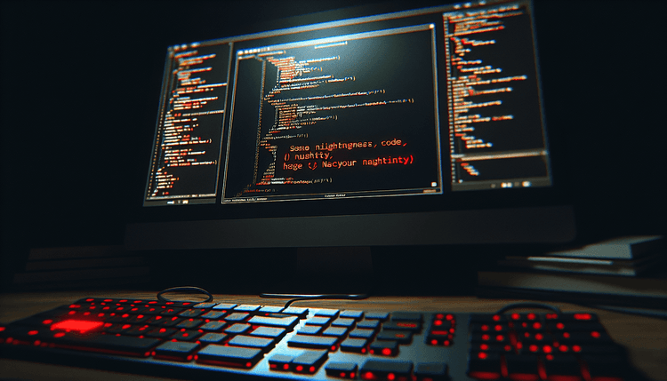 Computer screen showing Visual Studio Code with highlighted malicious code in dark lighting