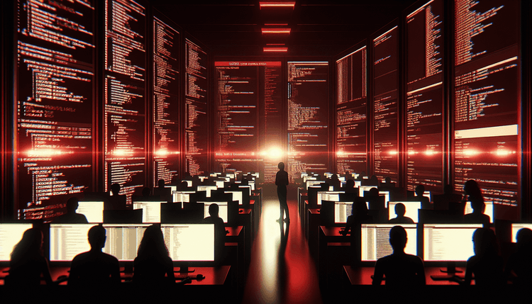 Multiple developer screens showing code repositories under red warning lighting in dark environment