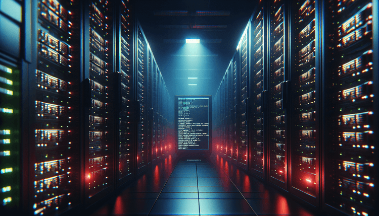 Dark server room with illuminated Linux servers and glowing terminal screen