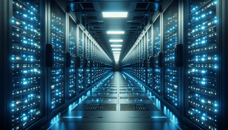 Modern data center server room with blue lighting and server racks