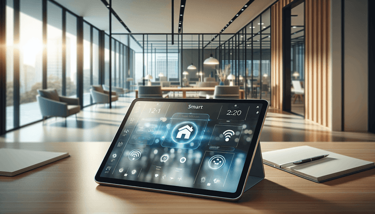 Tablet displaying smart home controls in modern office environment