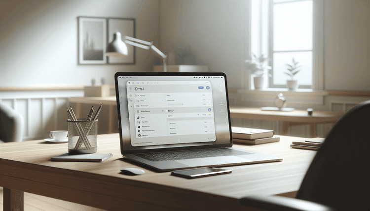 Laptop displaying Gmail settings interface on clean modern desk