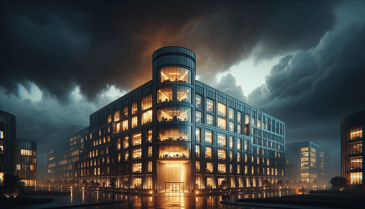 Modern office building at dusk with illuminated windows and stormy sky
