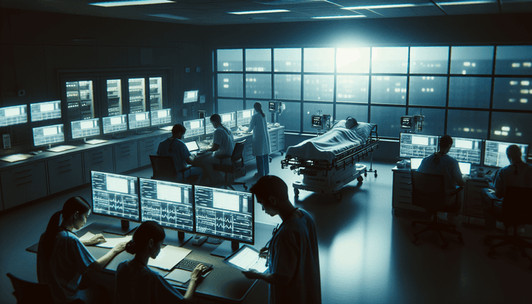 Healthcare workers managing patient care during ransomware attack disruption