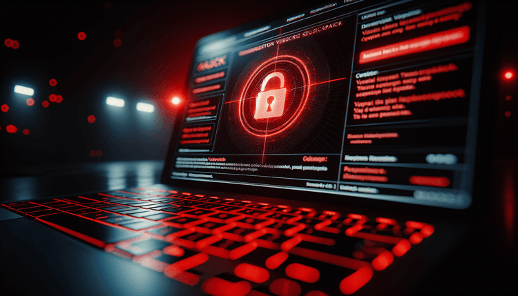 MacBook displaying fake security verification page with warning lighting and dark atmosphere