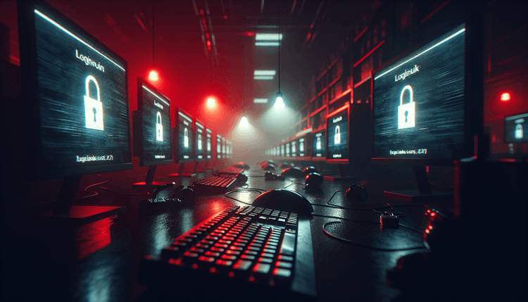 Dark computer lab with Canvas screens and broken security padlock on keyboard