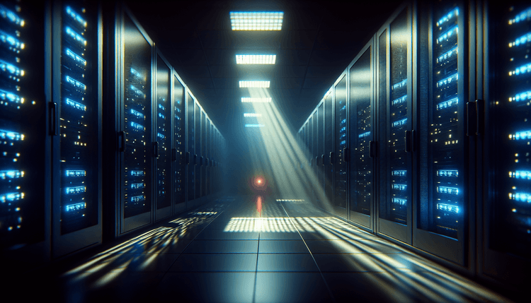 Dark server room with blue glowing racks and red warning light